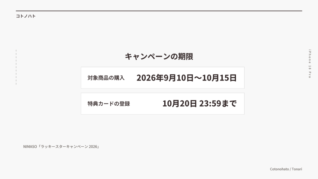 キャンペーンの期限(対象商品の購入は2026年9月10日〜10月15日・特典カードの登録は10月20日23:59まで)