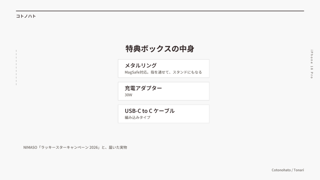 特典ボックスの中身(MagSafe対応メタルリング・30W充電アダプター・編み込みUSB-C to Cケーブル)