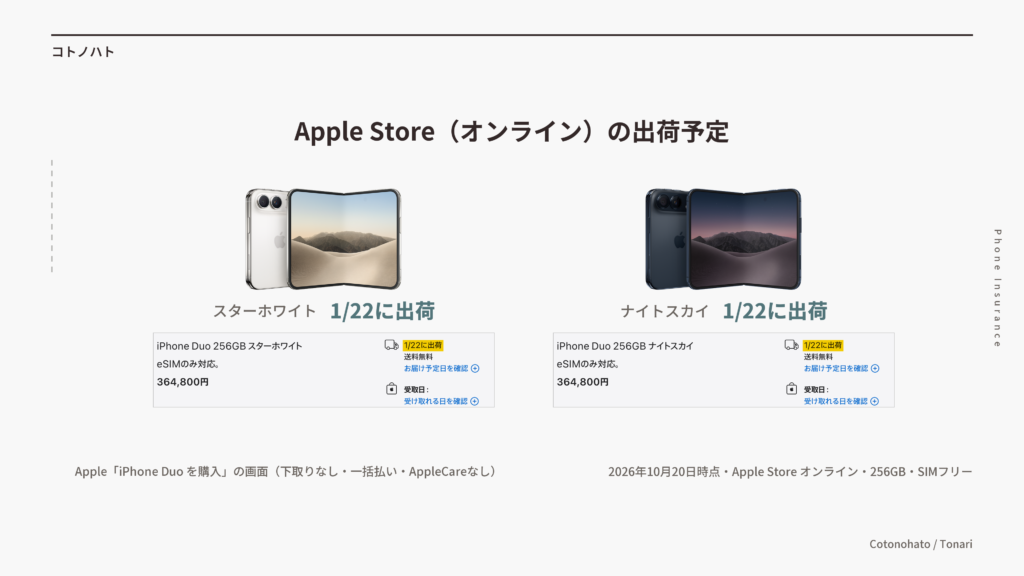 Apple Storeのオンラインの出荷予定。iPhone Duo 256GBはスターホワイトもナイトスカイも1月22日に出荷（2026年10月20日時点）