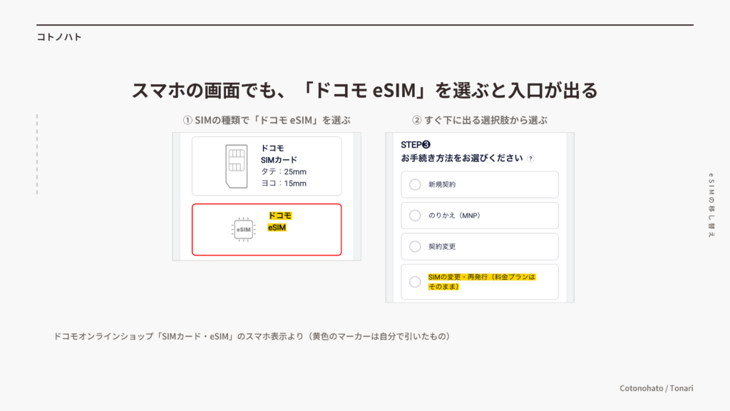 ドコモオンラインショップ「SIMカード・eSIM」のスマホ表示。「ドコモ eSIM」を選ぶと、すぐ下に「SIMの変更・再発行(料金プランはそのまま)」の選択肢が出る