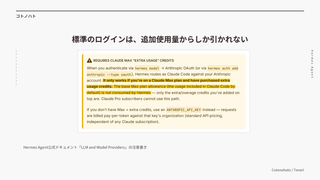 Hermes Agent公式ドキュメントの注意書き（標準のAnthropicログインは、Claude Maxプランで追加使用量を購入している場合にだけ動く、と書かれている）